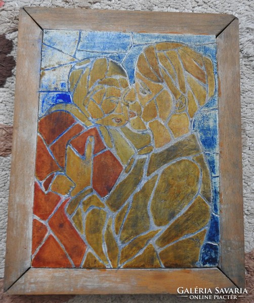 Régi csempe mozaikkép- csempemozaik -  Anya gyermekével ( Anyák napi ajándéknak is)