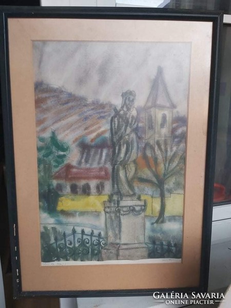 zsuzsa Weisz: tokaj, 1970 (pastel) street view, cityscape, sculpture