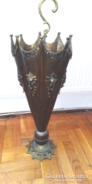 Patinated, antique, art deco, art nouveau copper umbrella with devil, monster, Satan, Krampus head, stick holder,