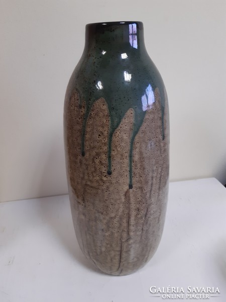 39 cm nagyon szép drapp barna kerámia váza  száján csurgatott zöld színű