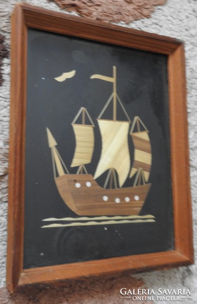 Wood - reed marquetry picture _ sailing ship