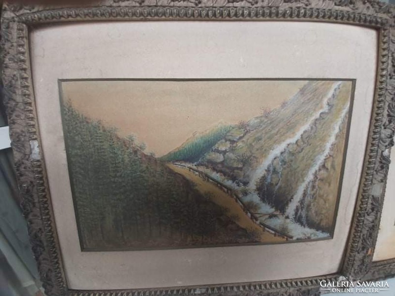 HEGYVIDÉKI TÁJ (festménypár, olaj-papír 18x29 33x40) tájkép, panoráma hegyek fenyők folyó
