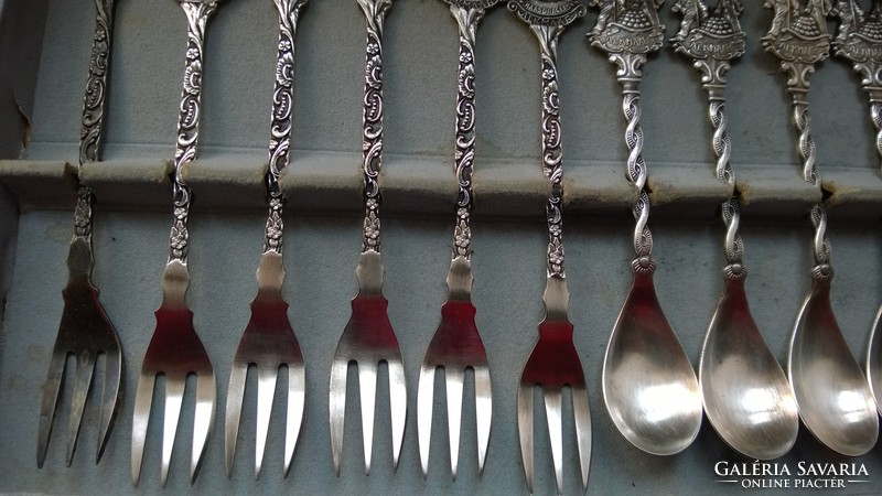 Dessert set - silver plated - 6 mocha spoons - 6 cookie forks + box