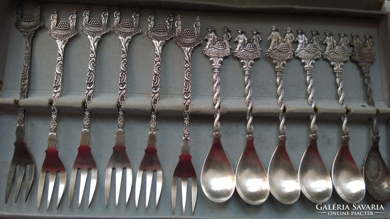 Dessert set - silver plated - 6 mocha spoons - 6 cookie forks + box