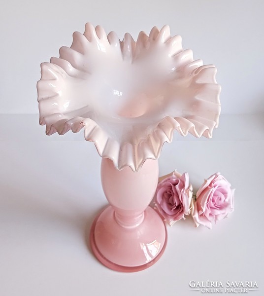 Ruffled pink bohemian glass vase 25cm