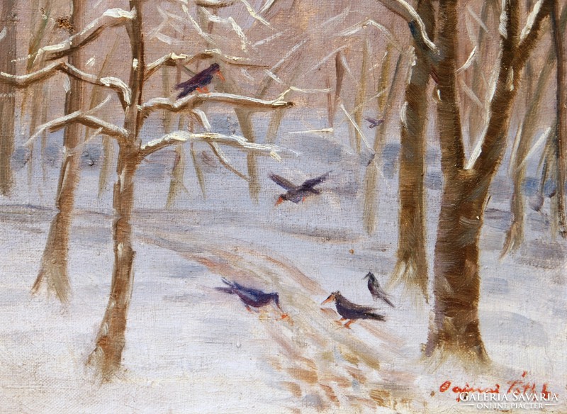 Bajnai Tóth Lajos (1887-1964): Téli erdő madarakkal - olaj-vászon festmény, keretezve