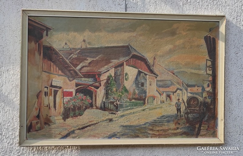 Large-scale painting of a very decorative street scene in Italian, Austrian, cozy.