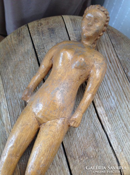 Régi naív stílusú fából faragott női akt szobor 1974