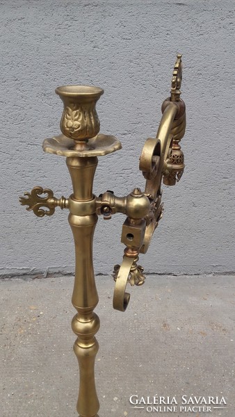 Bronze table gas lamp with candle holder 61cm, 19s. End