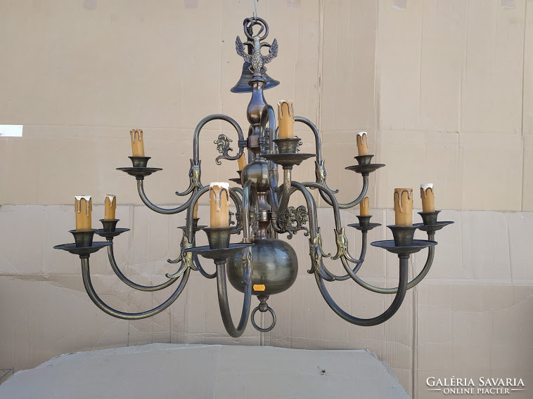 Antique 2-Tier 12-Arm Patinated Copper Flemish Chandelier + 12 New Decorative Candles and 12 Candles 4149