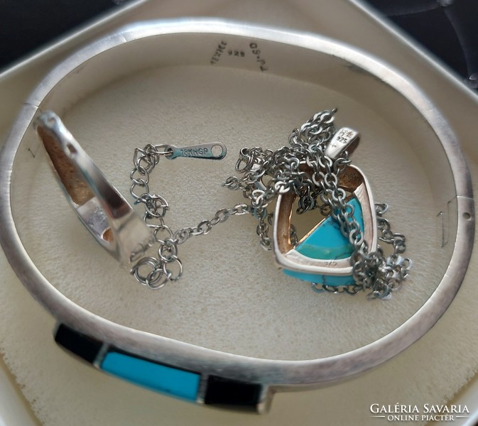 Antique silver set, bracelet, necklace with pendant, ring with turquoise and onyx, marked, flawless
