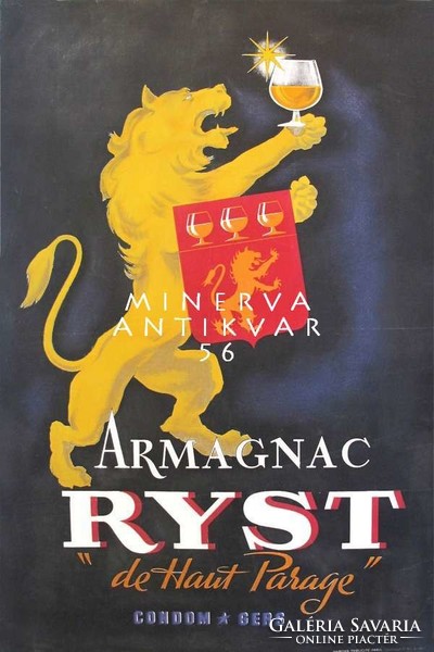 Vintage art deco konyak reklám plakát reprint nyomat sárga oroszlán címer alkohol Armagnac cognac