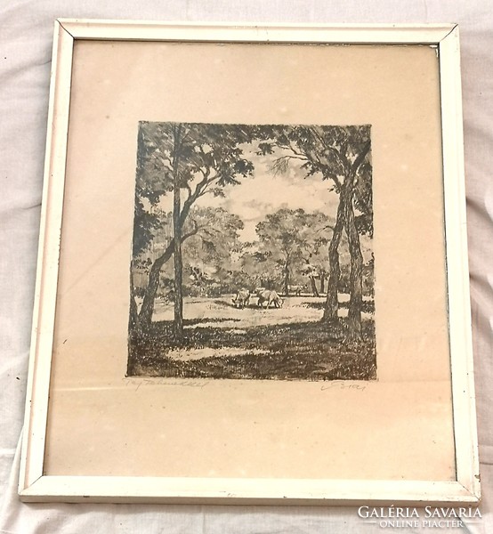 Fk/049 - istván biai föglein - etching titled landscape with cows