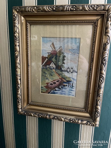 ​ Tű Gobelin kép. Gyönyörű aranyozott keretben. 38cm x46cm  1930-ás évekből ​