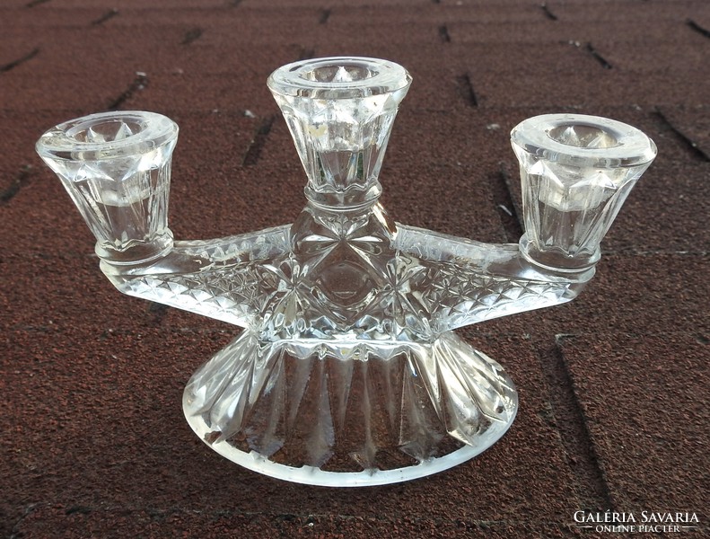 Heavy three-pronged cast glass candle holder