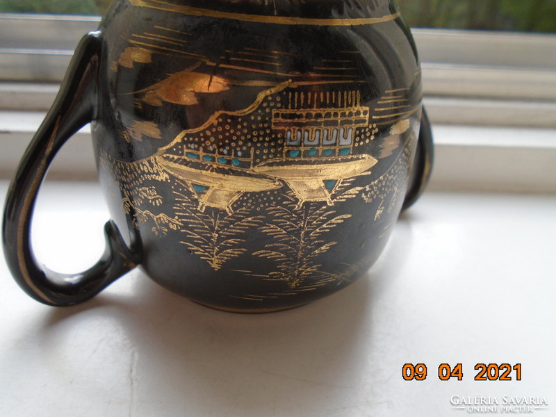 1920 Soko Japanese sugar bowl with hand painted gold and enamel designs, black glaze