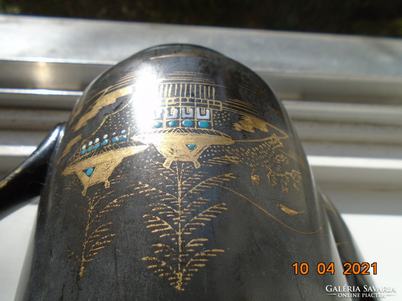 1920 SOKO kézzel festett arany és zománc mintákkal, fekete mázas japán kiöntő