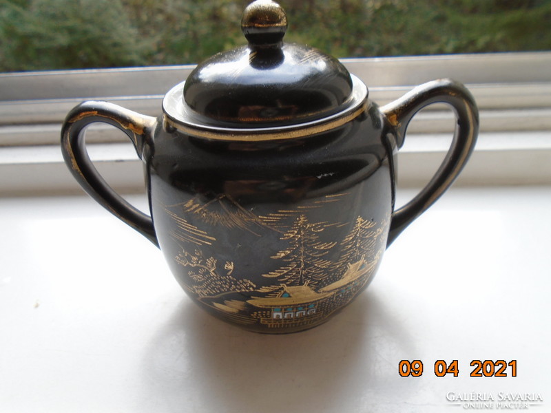 1920 Soko Japanese sugar bowl with hand painted gold and enamel designs, black glaze