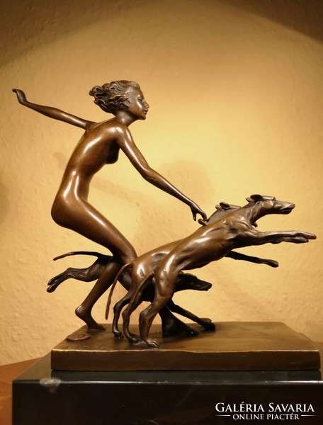 Female nude - bronze sculpture artwork walking a dog