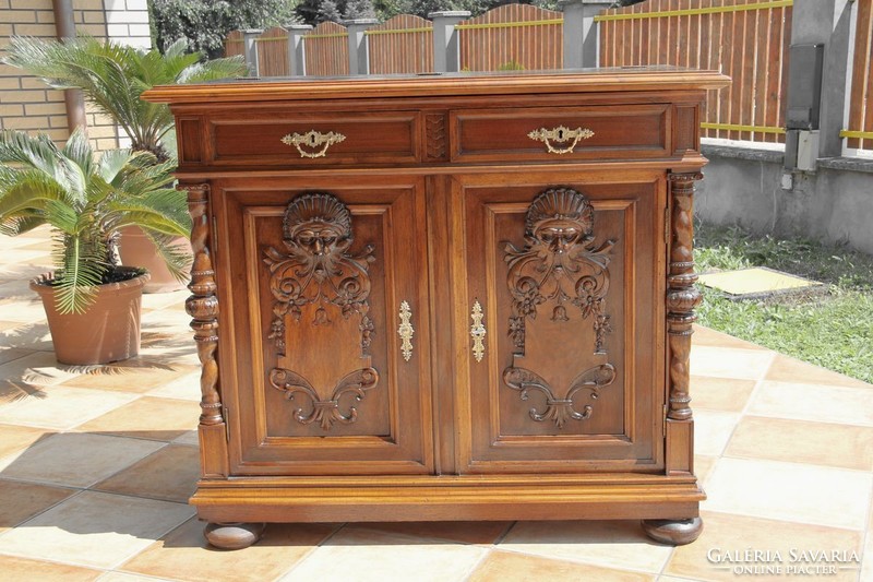 Pewter, antique richly carved castle chest of drawers