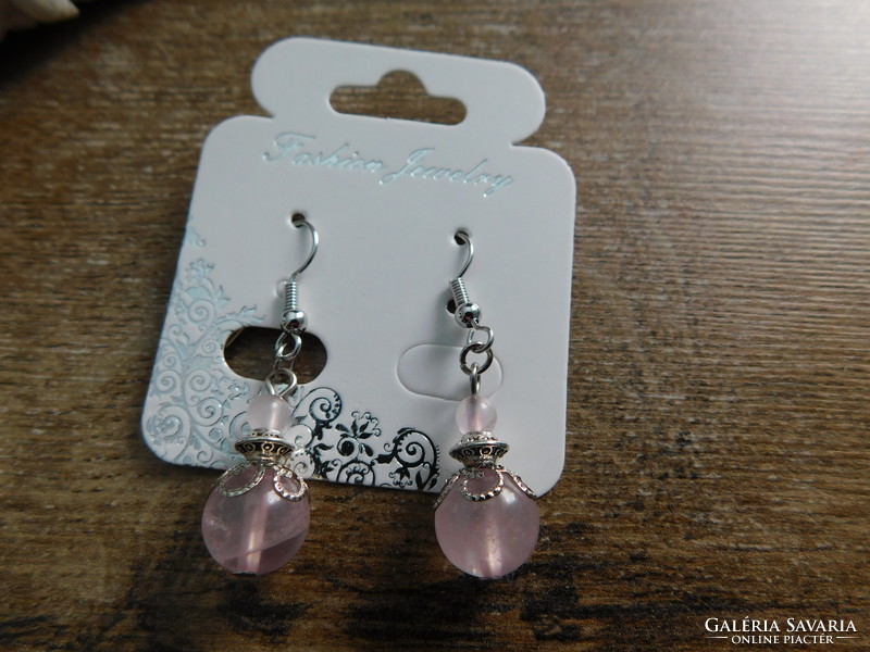 Rose quartz earrings with pearl caps and pearls, length: 4 cm