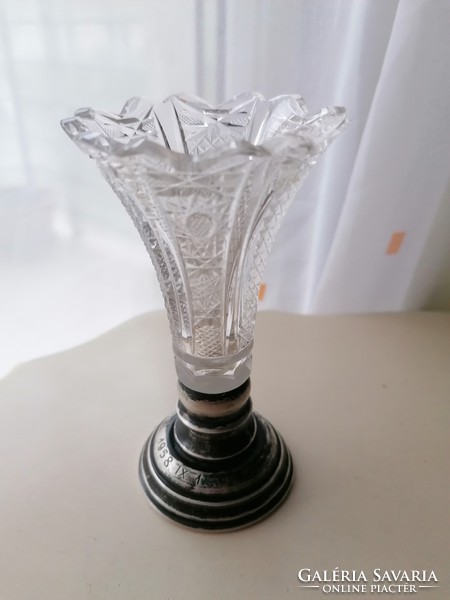 Ezüst talpas penzverdei kristályüveges cziszolr váza 800 as ezüst 