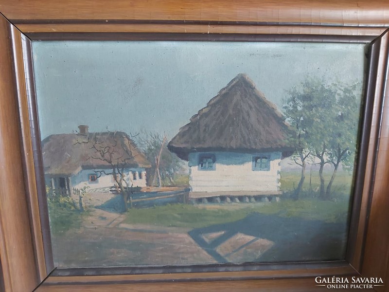 KATONA GYULA: Nádtetős házak, 1918 (olajfestmény 29x40+ keret) falu, vidéki tájkép, természeti idill