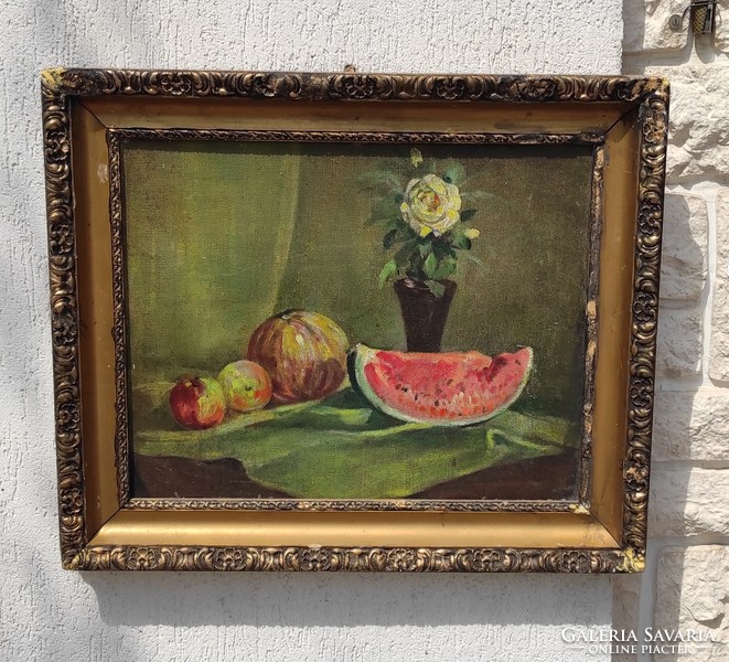 Table still life, melon, flowers painting, oil on wood