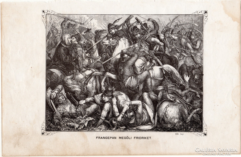 Frangepán megöli Fridriket, metszet 1860, eredeti, fametszet, történelem, Geiger - féle kép, 1246
