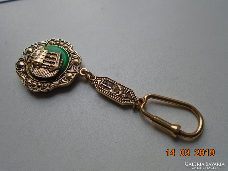 Embossed gilded antique caryatids, very decorative key chain or pendant with erechtheion pattern