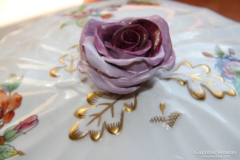 Herendi Viktória 12 személyes VBO leveses tál rózsa fogóval