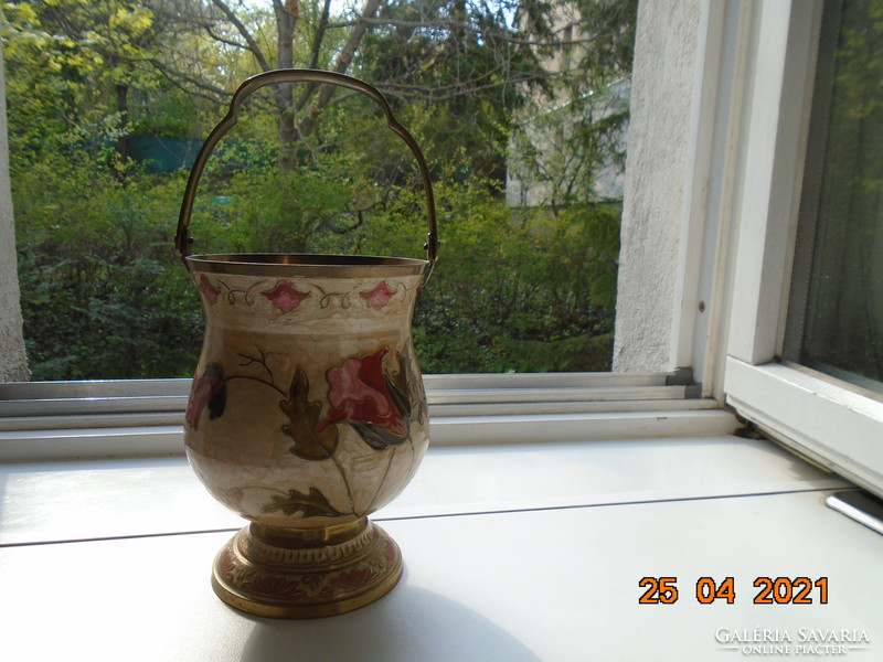 Compartment enamel with handmade floral patterns solid copper / bronze ice bucket with chicken leg pliers