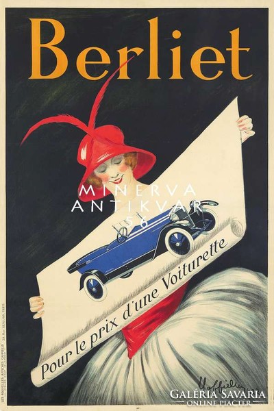 Vintage régi autó automobil reklám plakát reprint nyomat Cappiello Berliet kék cabrio nő piros kalap