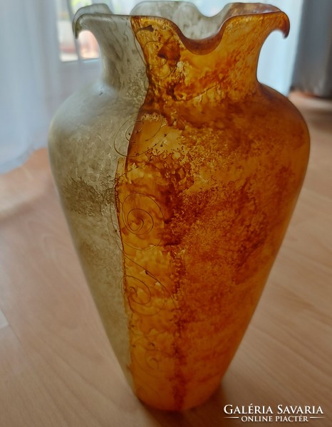 Muránói - Murano - fátyolüveg váza, egyedi, különleges, dekoratív arany mintázattal, 35,5 cm