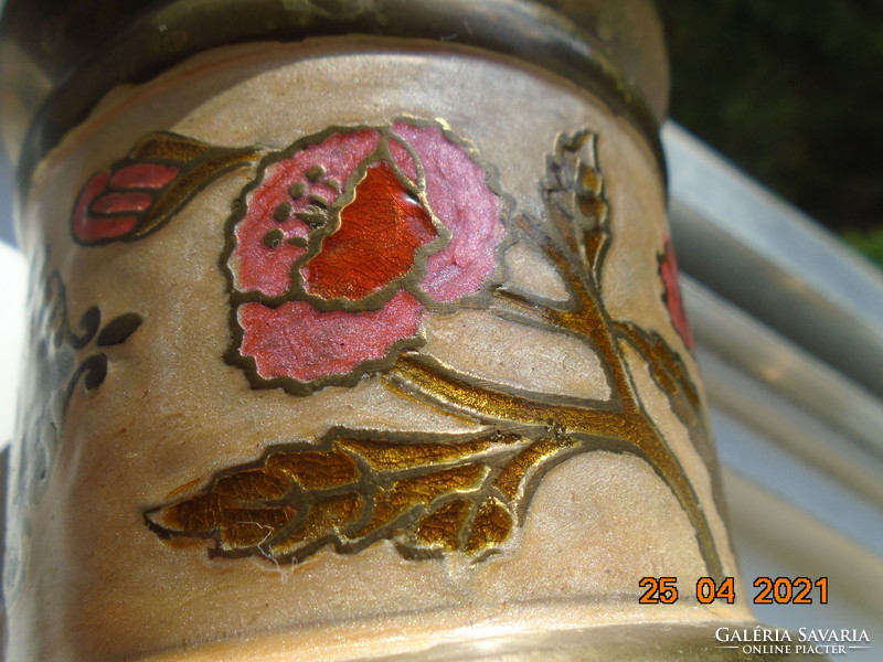 Rekeszzománc  kézzel készült virágmintákkal, arany felirattal tömör réz/bronz kávé tároló