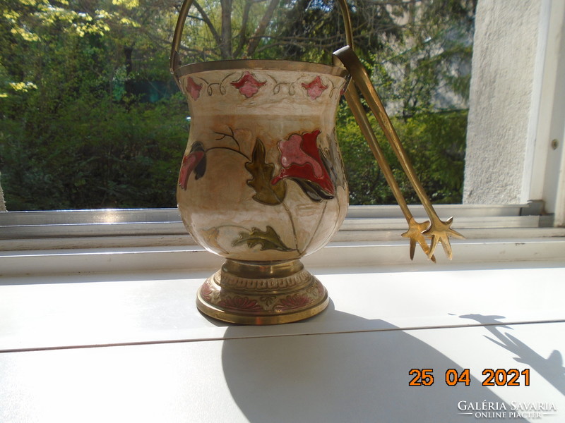 Compartment enamel with handmade floral patterns solid copper / bronze ice bucket with chicken leg pliers