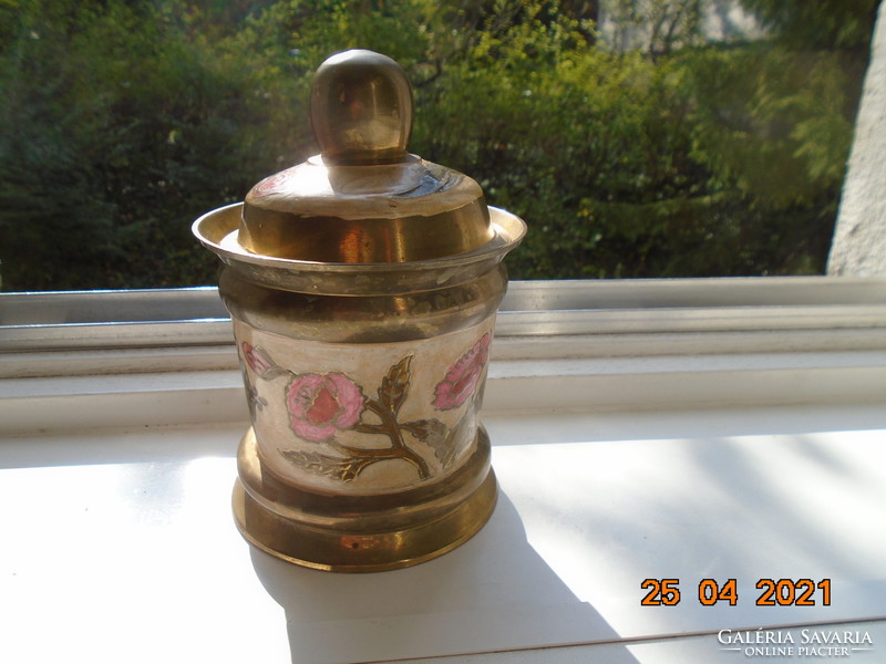 Compartment enamel container with handmade floral patterns and gold inscription in solid copper / bronze coffee