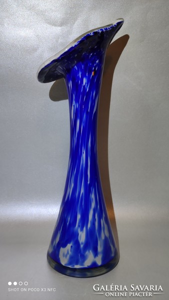 33 cm magas alacsony áron  kétrétegű üveg kála váza királykék színű  nagy méretű