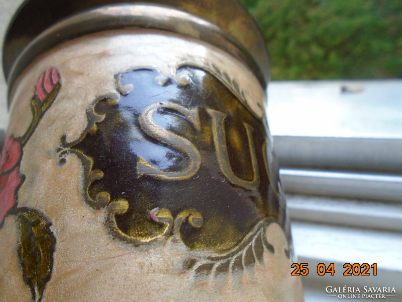 Antique gold lettering, compartment enamel with handmade floral patterns copper / bronze lid sugar container