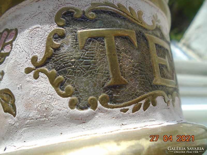 Embossed tea with inscription, compartment enamel with handmade floral patterns solid copper / bronze lid container