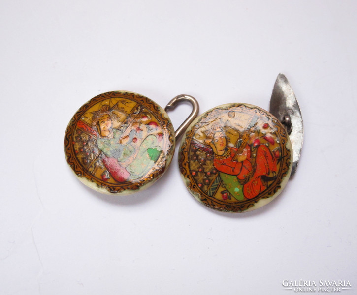 Old Asian hand painted silver / bone buttons.