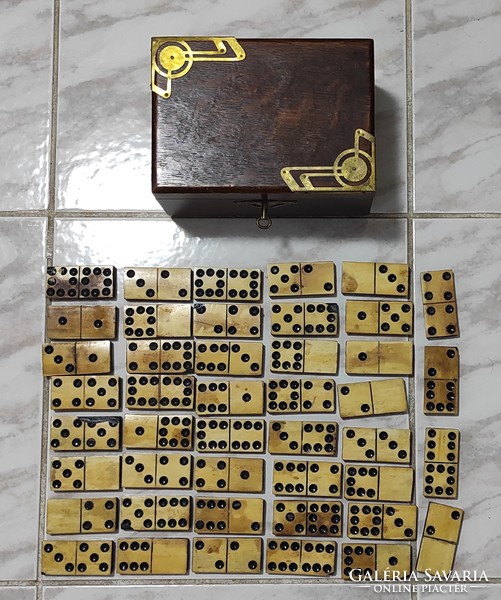 Art deco, Art Nouveau, domino box, card, chest of drawers, key, lockable, bone-wood domino, 44 pcs.