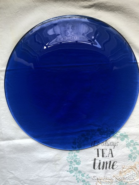 Hatalmas méretű, gyönyörű kék kerek üveg lap tálaló, tányér 4 db