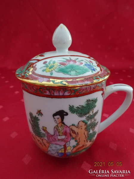 Japán porcelán teás pohár fedővel, magassága 12,5 cm. Vanneki!