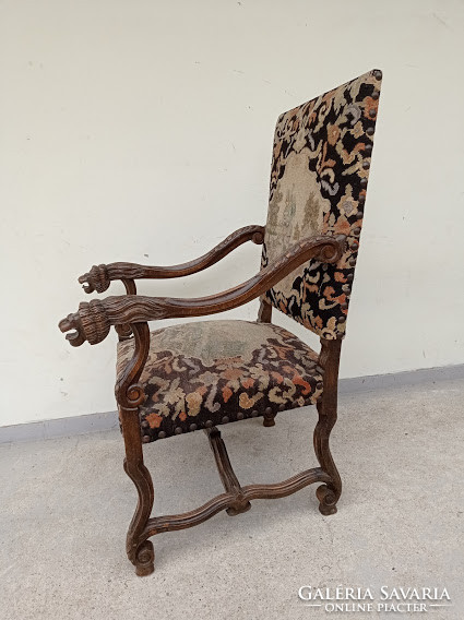 Antik reneszánsz dudás gobelin kárpitopzású dúsan faragott oroszlán karfás karos szék karosszék 4198