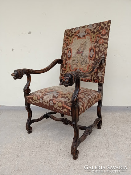Antik reneszánsz gobelin lyukas kárpitopzású dúsan faragott karfás karos szék karosszék 4199