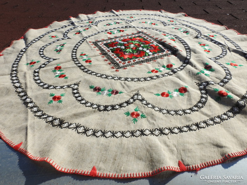 Huge hand crocheted circular linen tablecloth