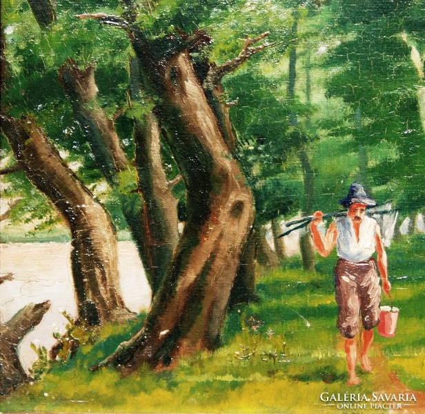 Ede Chlup: fisherman walking home, 1929 - oil painting, framed