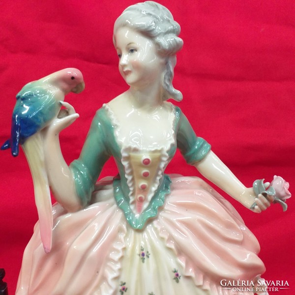 German, germany volkstedt karl ens large baroque lady, porcelain figurine with parrot. 26 Cm