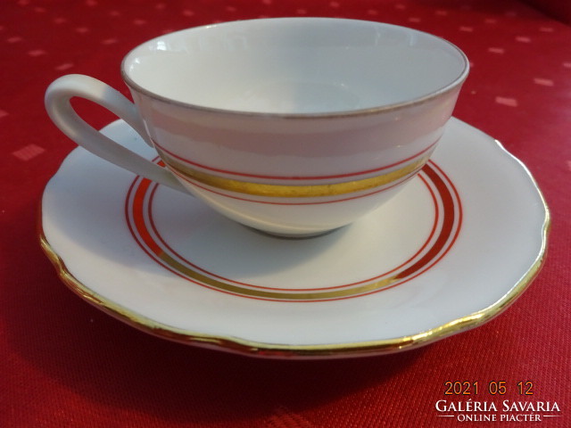 Czechoslovak porcelain, gold, pink striped coffee cup + placemat. He has!